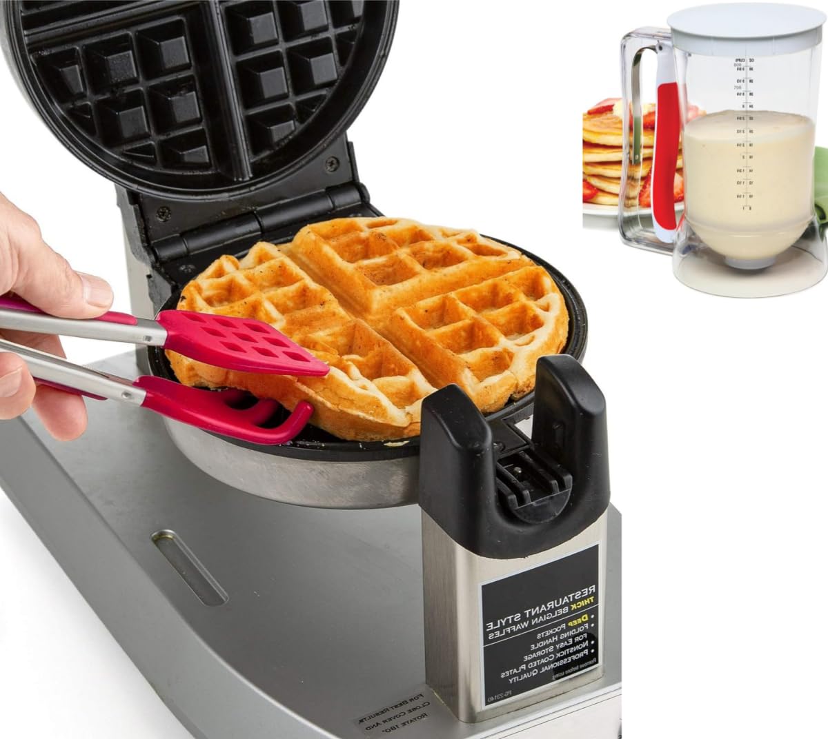 Waffles Batter Dispenser n Waffle Tongs Combo Set,Get Perfectly Fluffy Waffles Every Time! Batter Measuring Separator for Pancakes, Cupcake, Muffin Quick Filling Cookie Batter