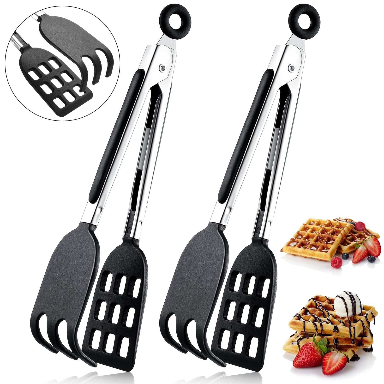 2 Pieces Mini Waffle Tongs Non Scratch Tongs 8 Inches Serving Spatula Tongs with Non Slip Smooth Stainless Steel Handles Heat Resistant Nylon Heads Non scratch and Dishwasher Safe for Cooking