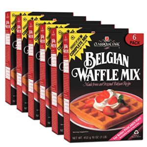 classique fare belgian waffle mix - makes light and crisp waffles, pancakes, muffins & crepes - works with waffle maker - fast and fresh breakfast foods - 1 pound (pack of 6)