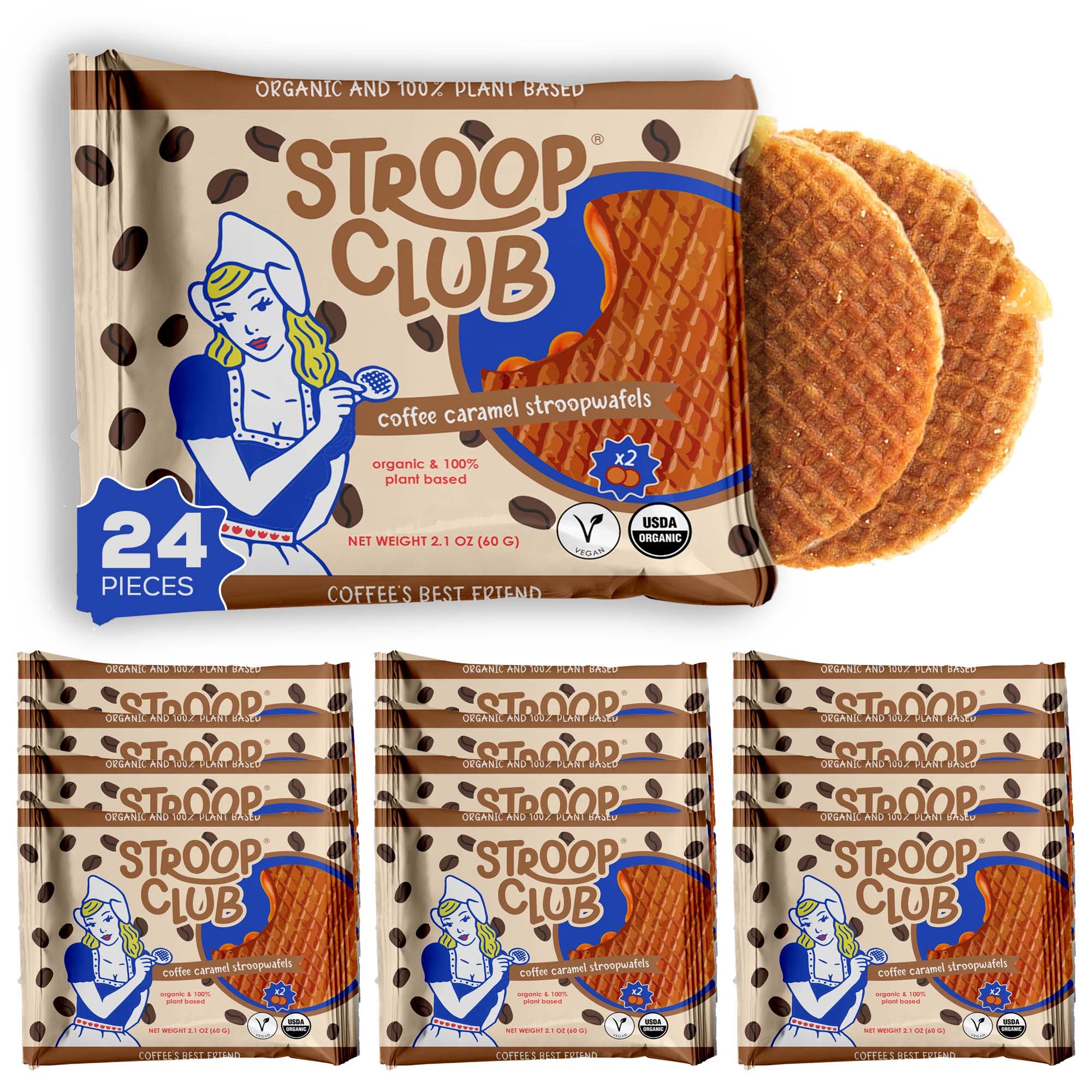 Stroop Club Coffee Infused Organic Stroopwafel Caramel Treats | Vegan, Plant-Based and Dutch-Approved Indulgence - 24 Vegan Waffle cookies (12 Packs of 2)