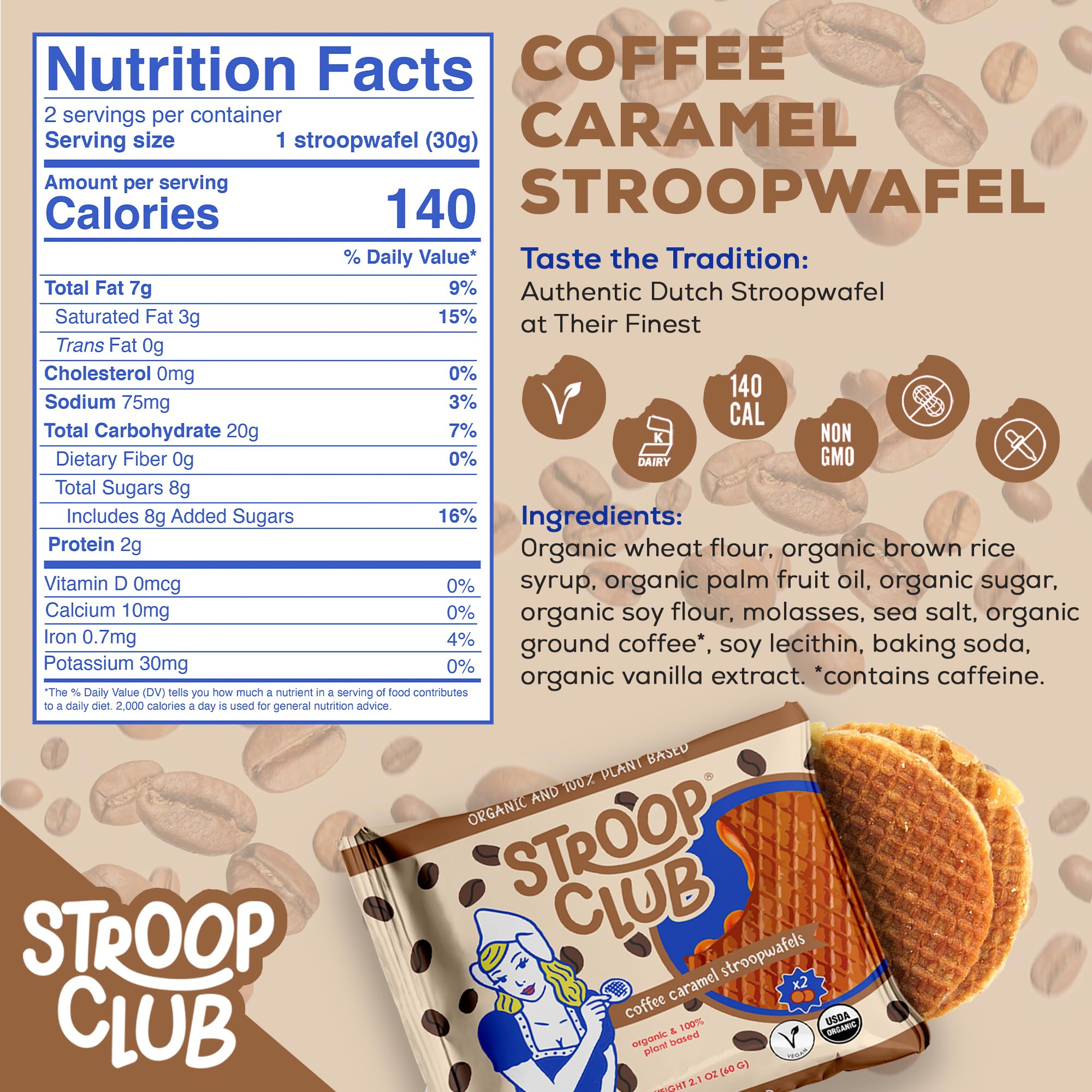 Stroop Club Coffee Infused Organic Stroopwafel Caramel Treats | Vegan, Plant-Based and Dutch-Approved Indulgence - 24 Vegan Waffle cookies (12 Packs of 2)