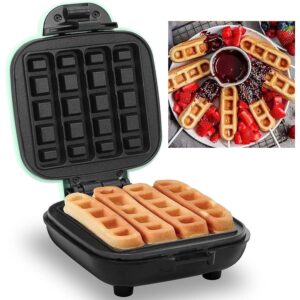 mini waffle stick maker, easy to clean, non-stick surfaces, 4 inch, makes 4 waffle sticks, ideal for breakfast, snacks, desserts and more,aqua,1400w