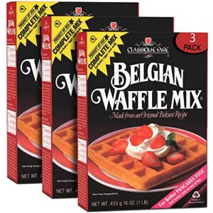 classique fare belgian waffle mix - makes light and crisp waffles, pancakes, muffins & crepes - works with waffle maker - fast and fresh breakfast foods - 16 oz boxes (pack of 3)