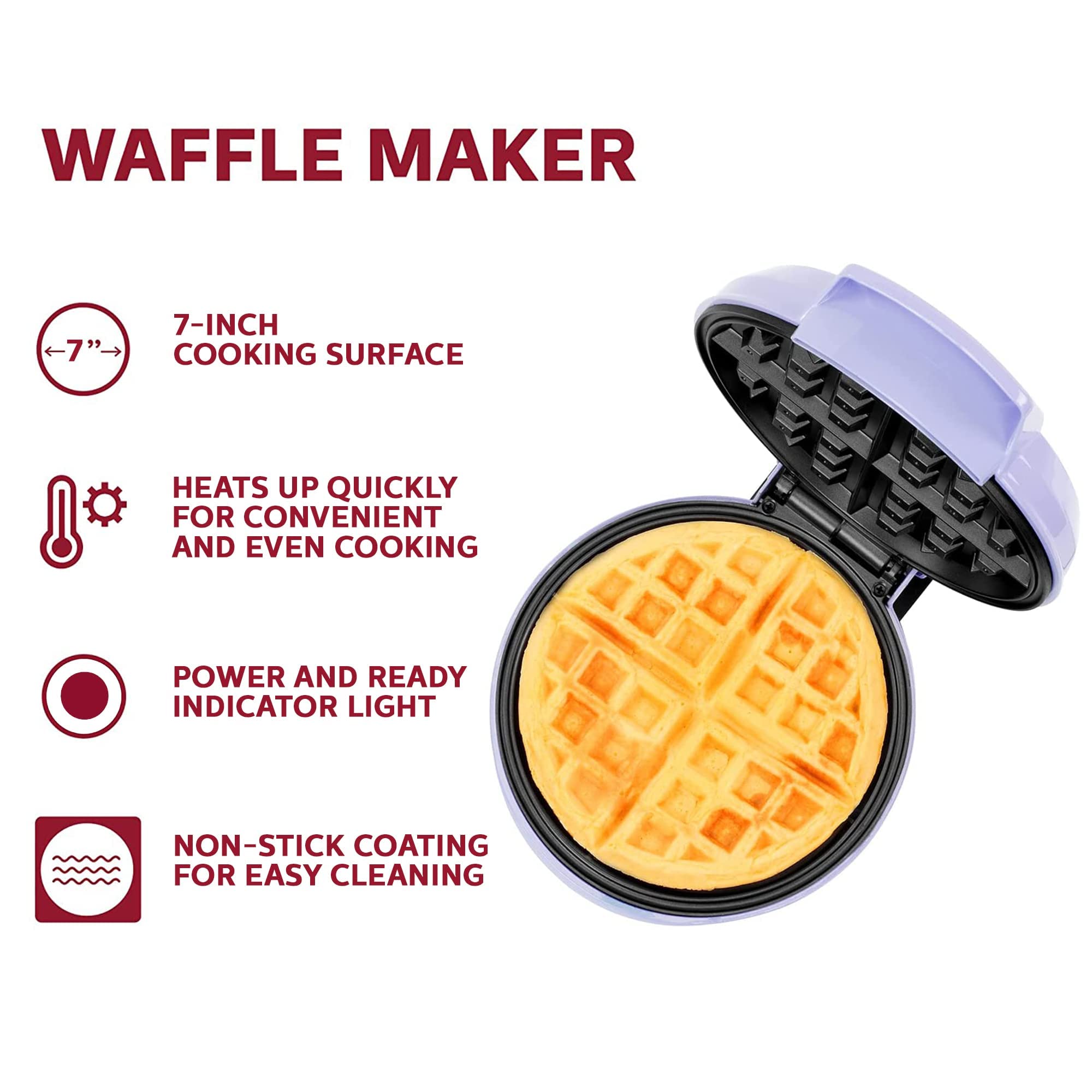 Holstein Housewares Waffle Maker with Non-Stick Coating, Lavender/Stainless Steel - Delicious Waffles in Minutes for Everyday Meals, 7-INCH