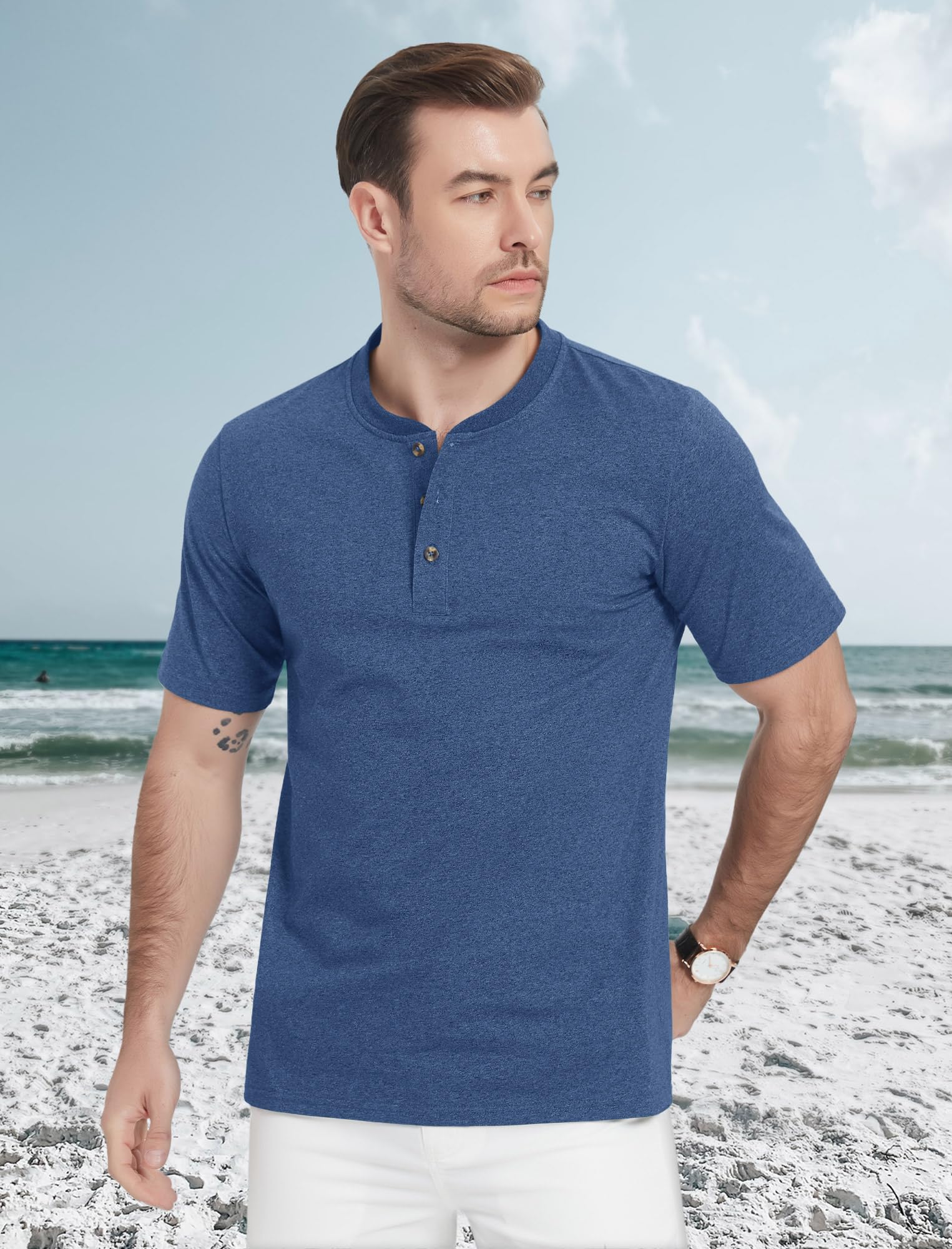 MAGCOMSEN Short Sleeve Henley Men Cotton Lightweight 3 Button Tops Vintage Casual Summer Shirt Soft Fashion Grey Blue M
