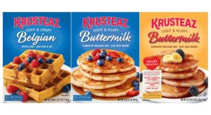 krusteaz waffle & pancake mix variety pack, 1 belgian waffle mix (28 oz), 1 buttermilk pancake mix (32 oz), 1 heart healthy buttermilk pancake mix (25.2 oz), (3 ct)