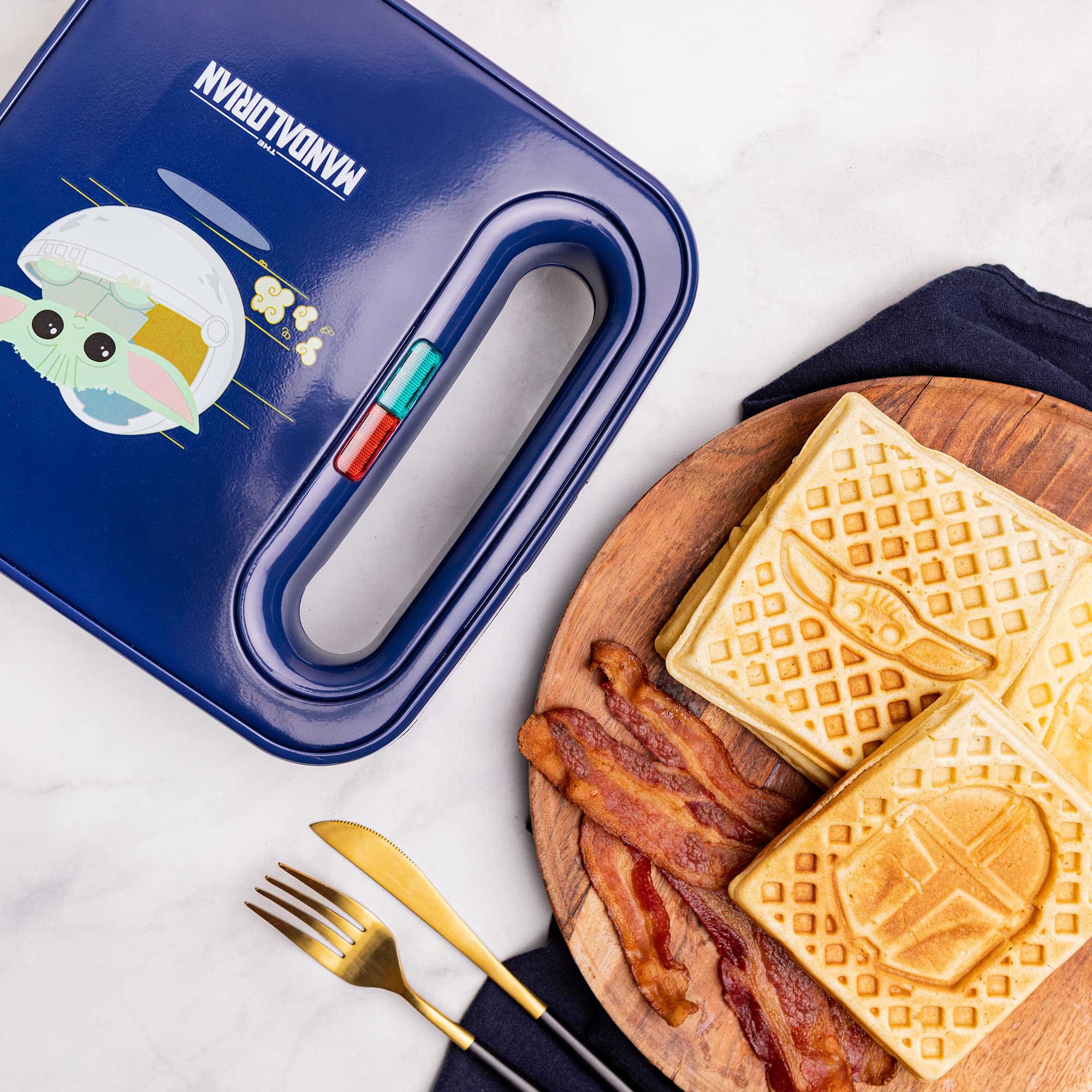 Uncanny Brands Mandalorian Waffle Maker - Bounty Hunter & Baby Yoda Waffles - Star Wars Kitchen Appliance