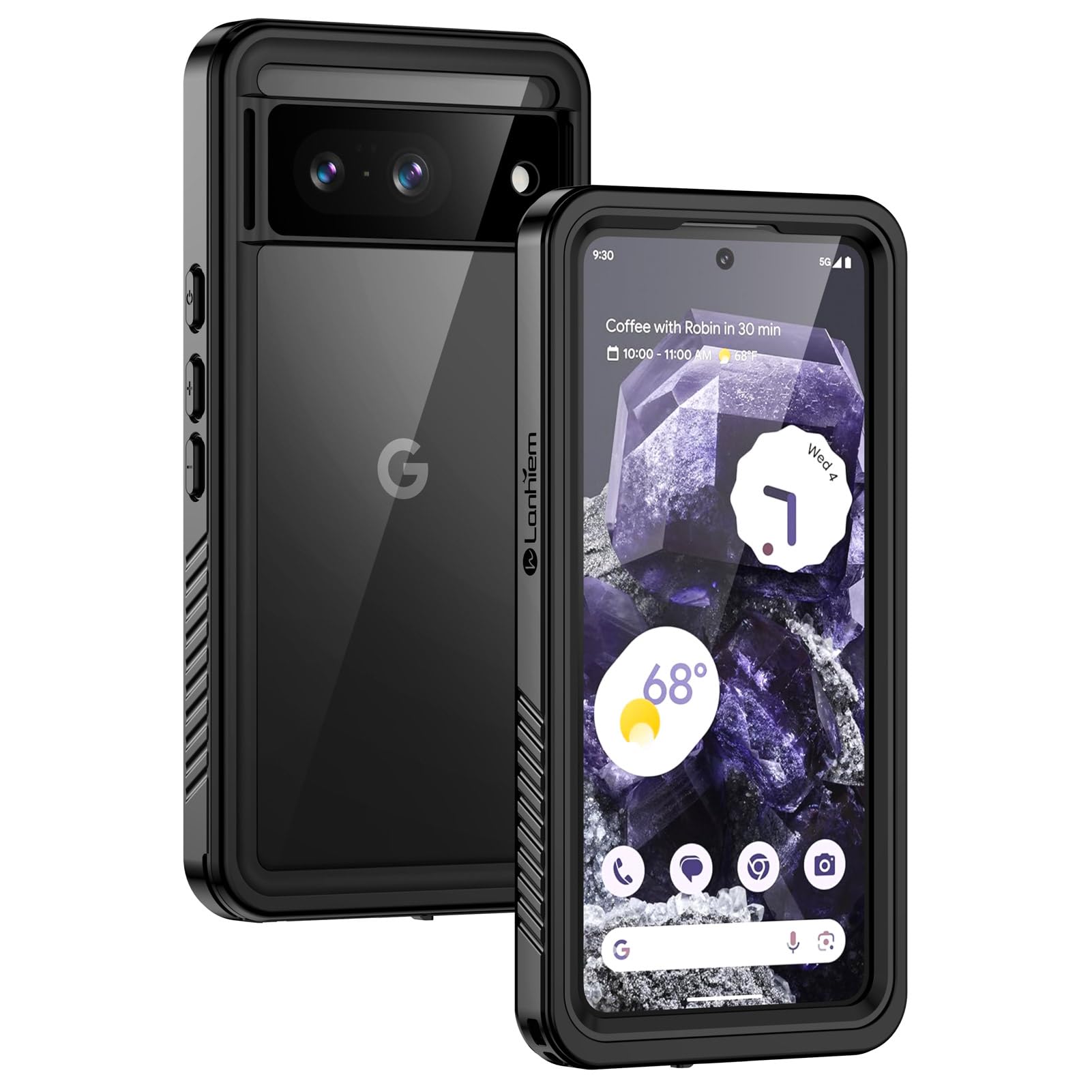 Lanhiem Pixel 8 Case, IP68 Waterproof Dustproof Case with Built-in Screen Protector, Rugged Full Body Shockproof Protective Clear Cover for Google Pixel 8 6.2 Inch, Black