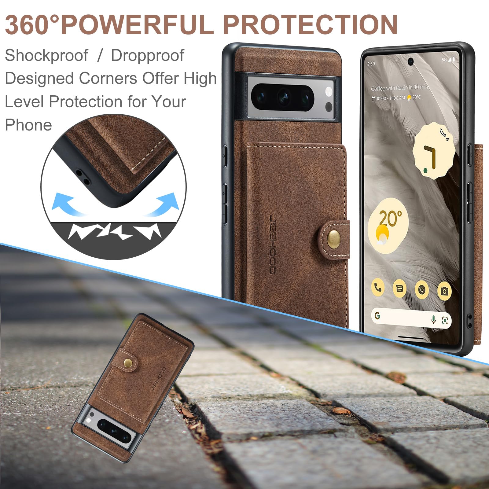 Hongxinyu Case for Google Pixel 8 Pro 2023, Detachable Magnetic Wallet Card Cash Slot Case Cover Support Wireless Charging Functional Kickstand (Google Pixel 8 Pro, Brown)