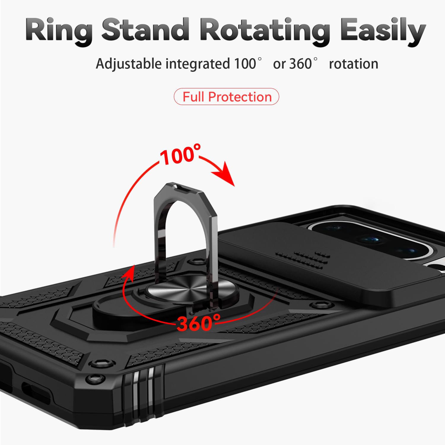 for Google Pixel 8 Pro Case with Slide Camera Cover HD Screen Protector [Military Grade 16ft. Drop Tested] Magnetic Ring Holder Kickstand Protective Phone Case for Google Pixel 8 Pro 2023, Black