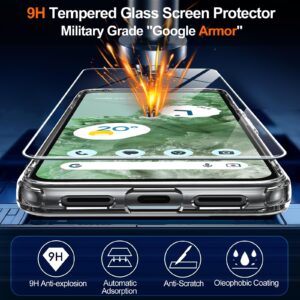 Oterkin Google Pixel 8 Clear Case, 20X Anti-Yellowing, Built-in 4 Airbags, 10FT Military Protection, Tempered Glass Screen Protector, Slim Fit