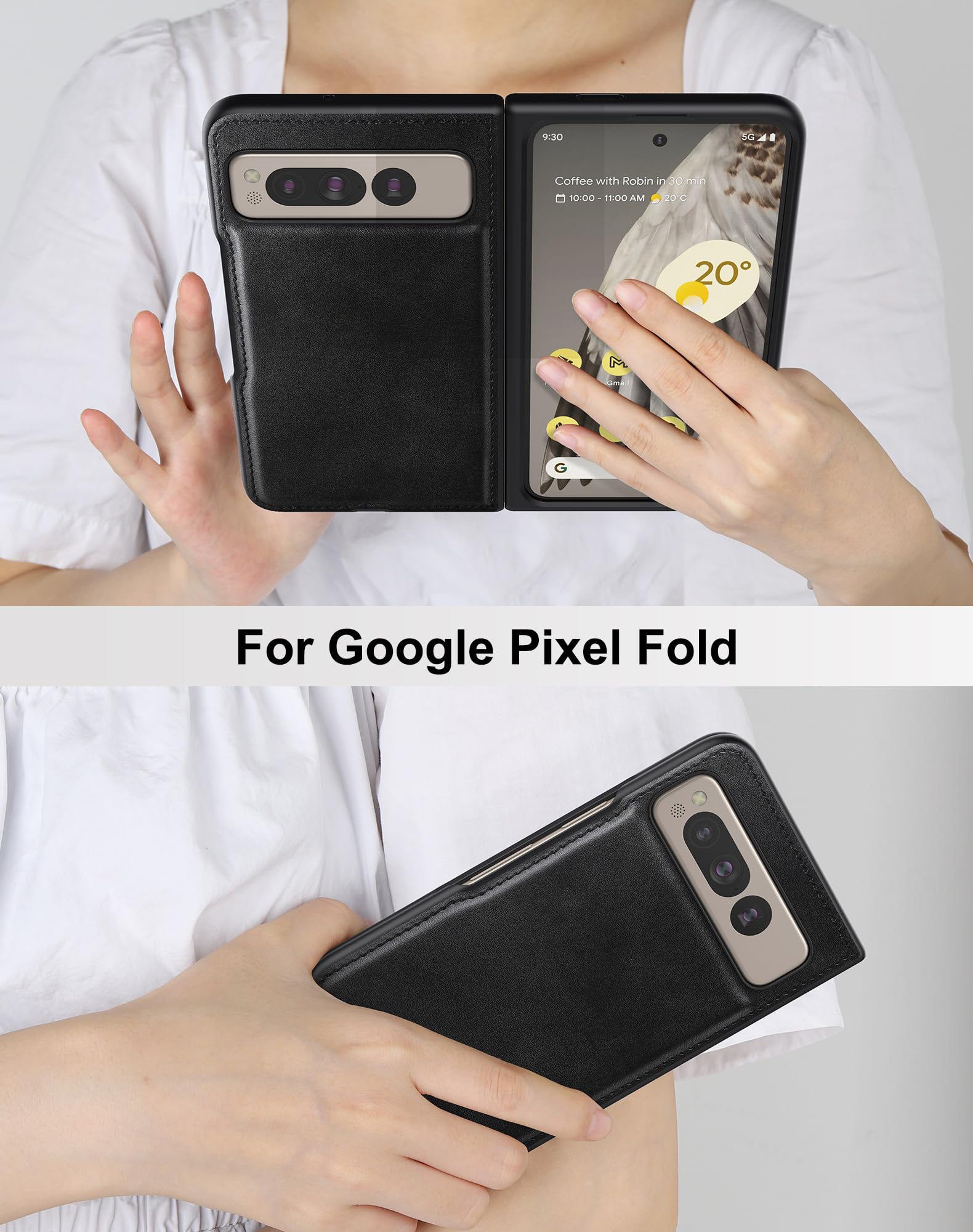 Foluu for Google Pixel Fold 2023 Case, Pixel Fold Leather Case, PU Leather + Hard PC Shell Ultra Thin Slim Durable Protective Phone Case Cover for Google Pixel Fold 2023 (Black)