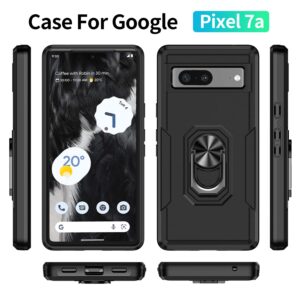 Niecase for Google Pixel 7A 5G Case with 2 Screen Protector, Military Grade Dual Layer Heavy Duty Shockproof Full Body Protective Phone Cover, Built in Rotatable Magnetic Ring Holder for 7A (Black)