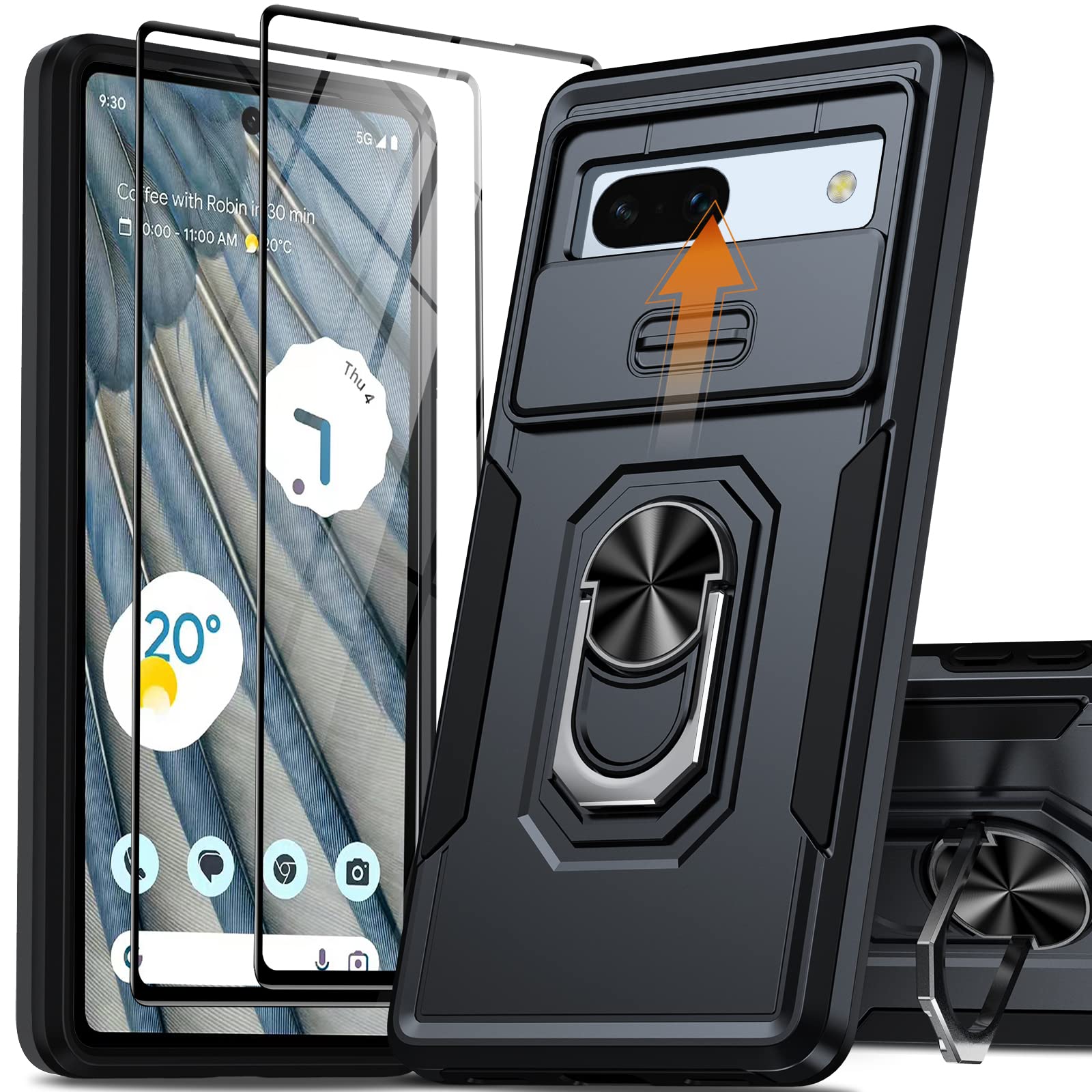 Oneagle for Google Pixel 7a Case with Screen Protector(2Pcs), Pixel 7a Phone Case with [Slide Camera Lens Cover]+[360° Rotatable Metal Kickstand] Military Grade Shockproof Case for Pixel 7A 6.1"