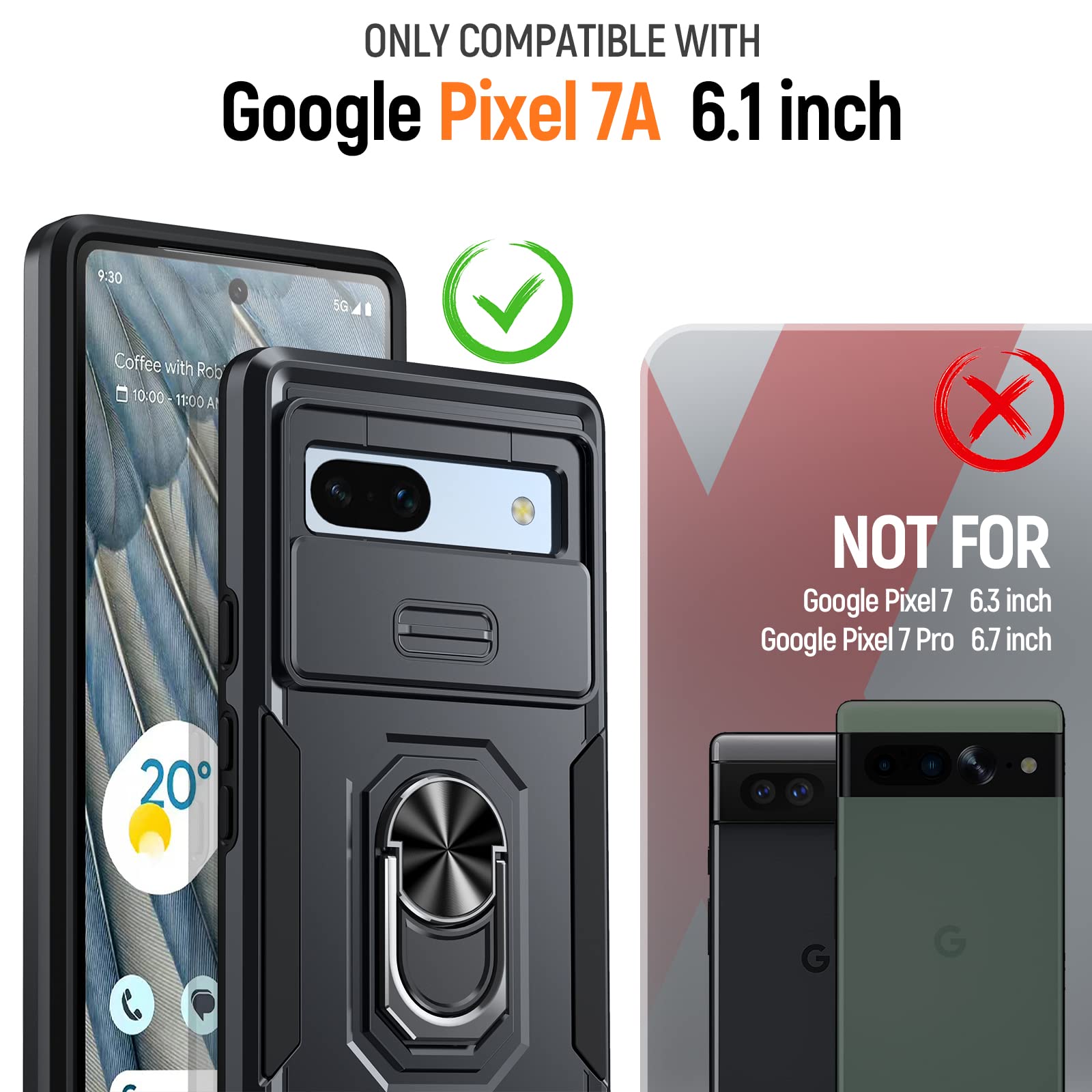 Oneagle for Google Pixel 7a Case with Screen Protector(2Pcs), Pixel 7a Phone Case with [Slide Camera Lens Cover]+[360° Rotatable Metal Kickstand] Military Grade Shockproof Case for Pixel 7A 6.1"