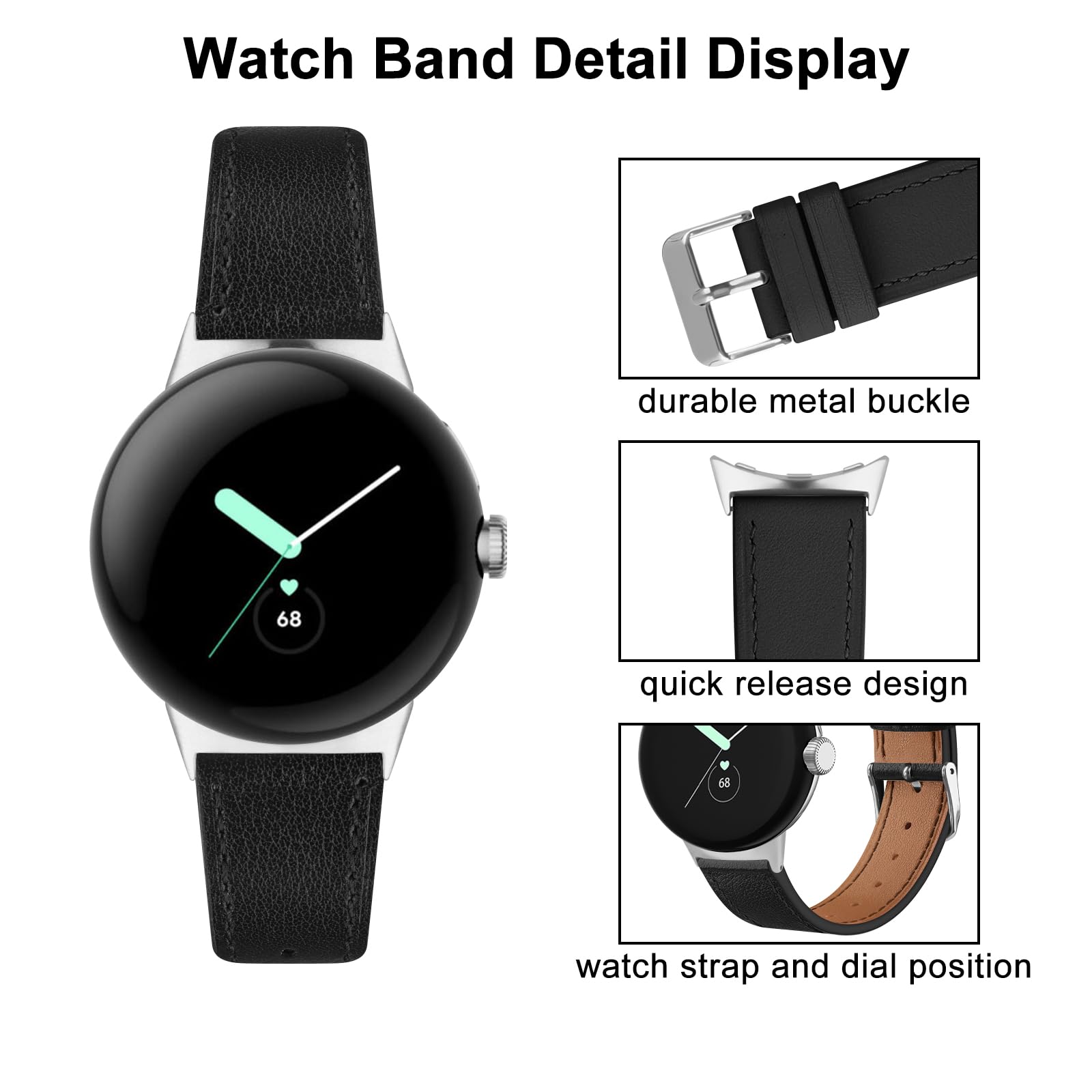 Vanjua Leather Band Compatible with Google Pixel Watch Bands for Women Men, Adjustable Wristband Replacement Strap for Google Pixel Watch Band (Black)