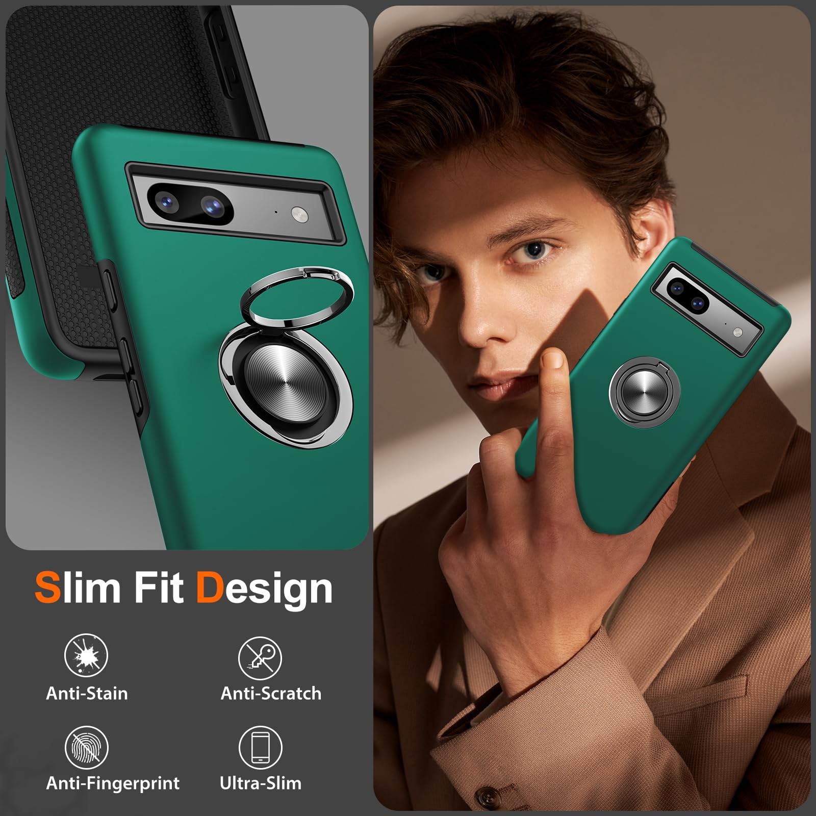 JAME for Google Pixel 8 Case, Slim Fit Case for Pixel 8 with Ring Holder Kickstand [Military Grade Drop Tested] [TPU+PC] Dual Layer Shockproof Protective Phone Case for Google Pixel 8, Green