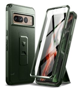 dexnor full body case for google pixel 7 pro, [built in screen protector and kickstand] heavy duty military grade protection shockproof protective cover for google pixel 7 pro (military green)