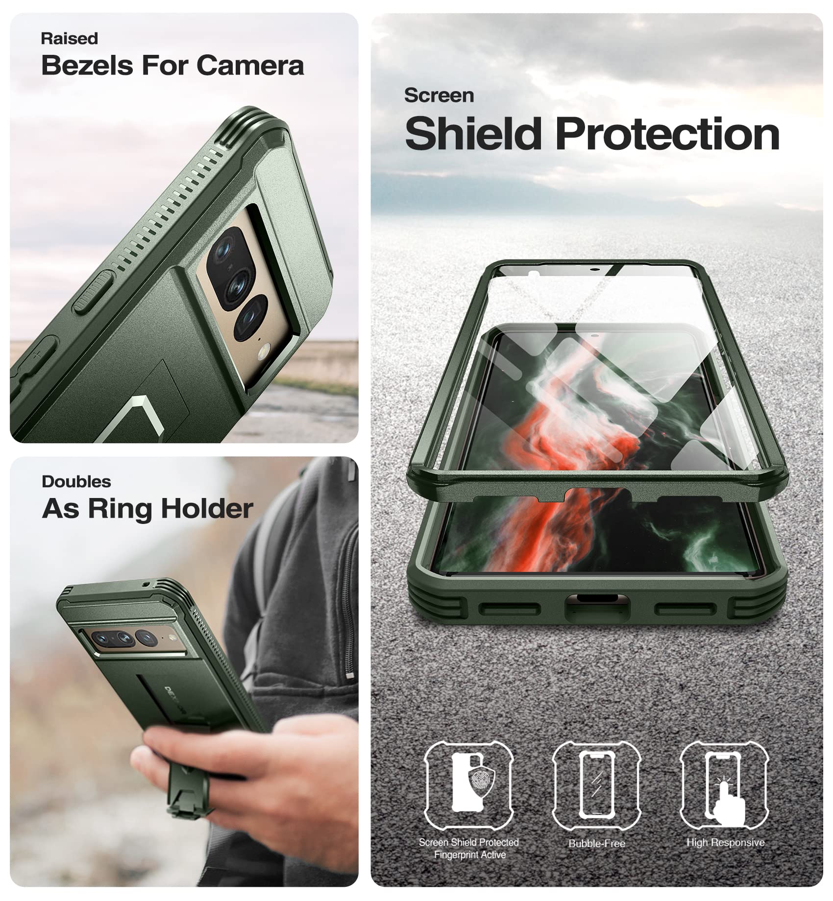 Dexnor Full Body Case for Google Pixel 7 Pro, [Built in Screen Protector and Kickstand] Heavy Duty Military Grade Protection Shockproof Protective Cover for Google Pixel 7 Pro (Military Green)