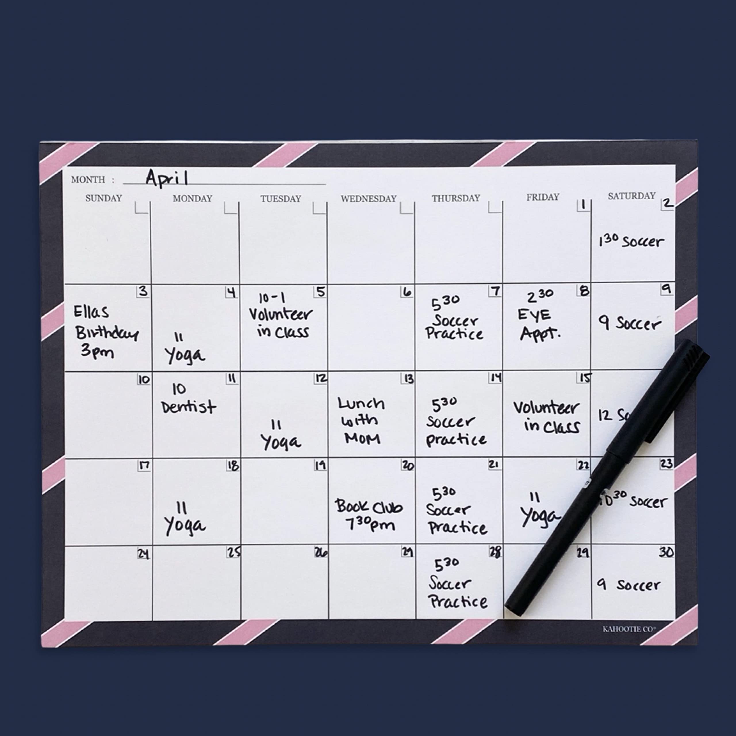 Monthly Calendar Notepad- 50 Undated Calendar Pages Customizable to Fit Your Organizational Needs, Large 8.5"x 11", Navy and Pink Stripe