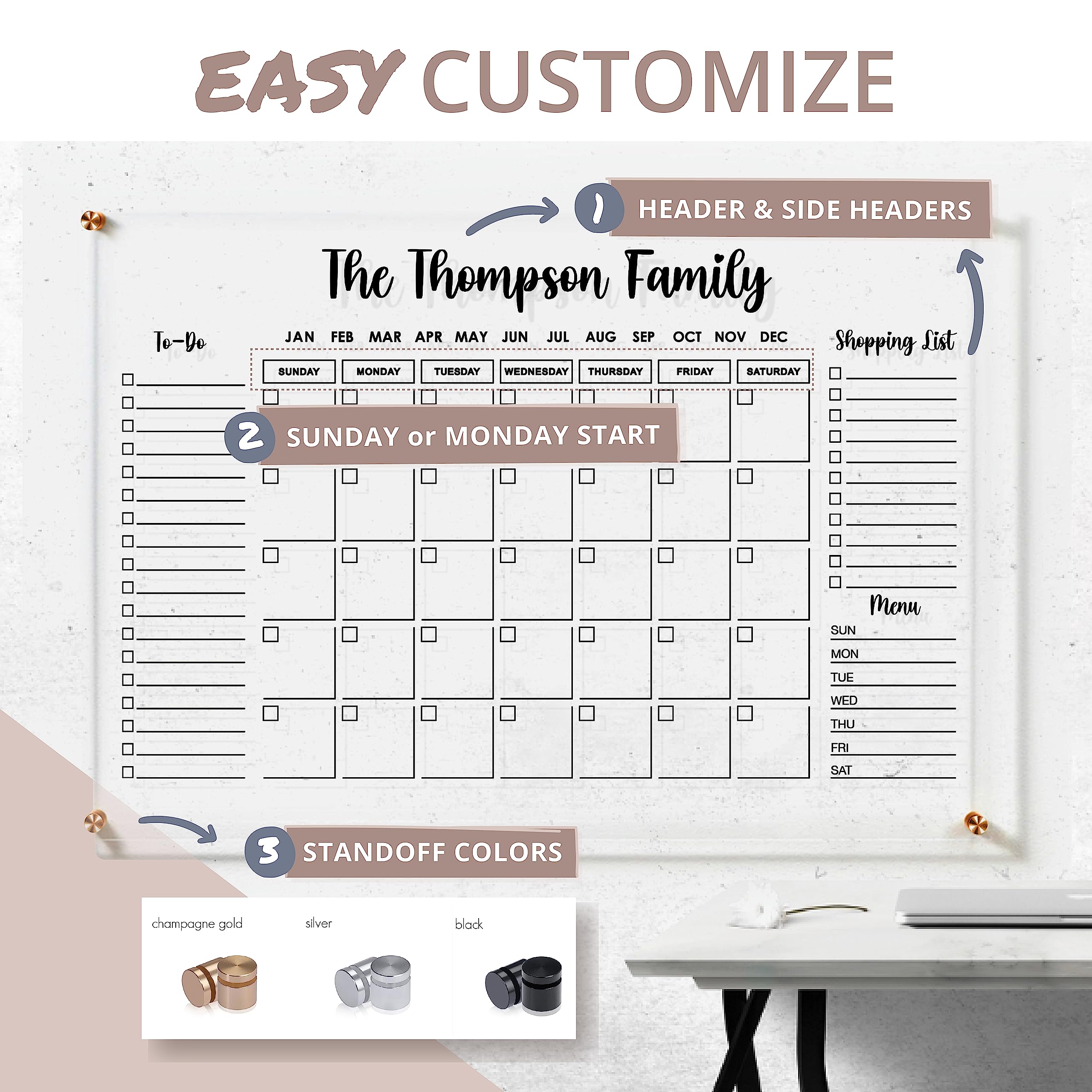 Personalized Custom Ultra Clear Acrylic Calendar for Wall Monthly Family Dry Erase Large Monthly Planner Board Premium Plexiglass Modern Design Guardmate USA