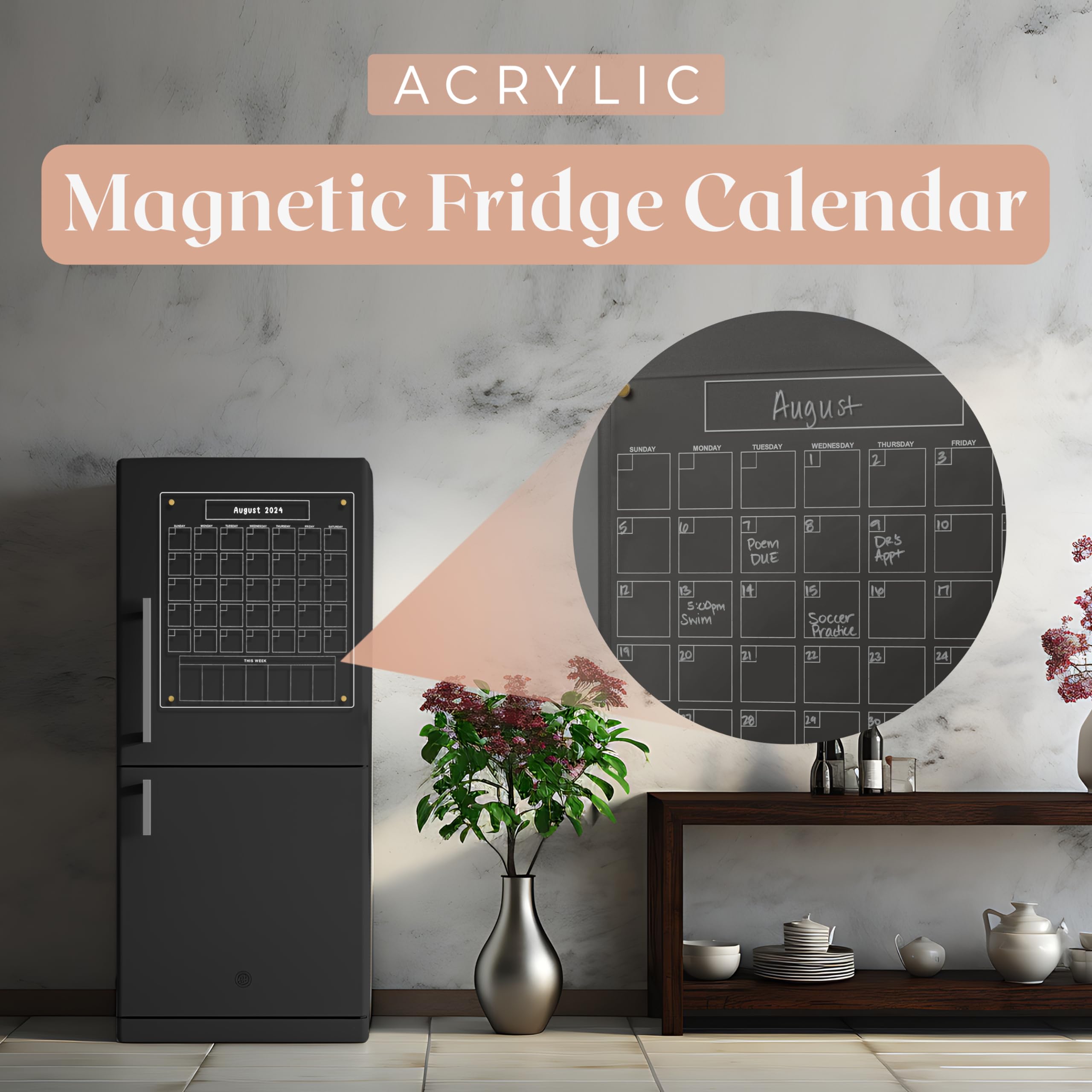 AJA House Acrylic Magnetic Fridge Calendar - Clear Refrigerator Dry Erase Board Calendar | Magnetic Monthly Grid And Weekly Planner Section | 15’’x17’’ Vertical Fridge Calendar | Gold Magnets