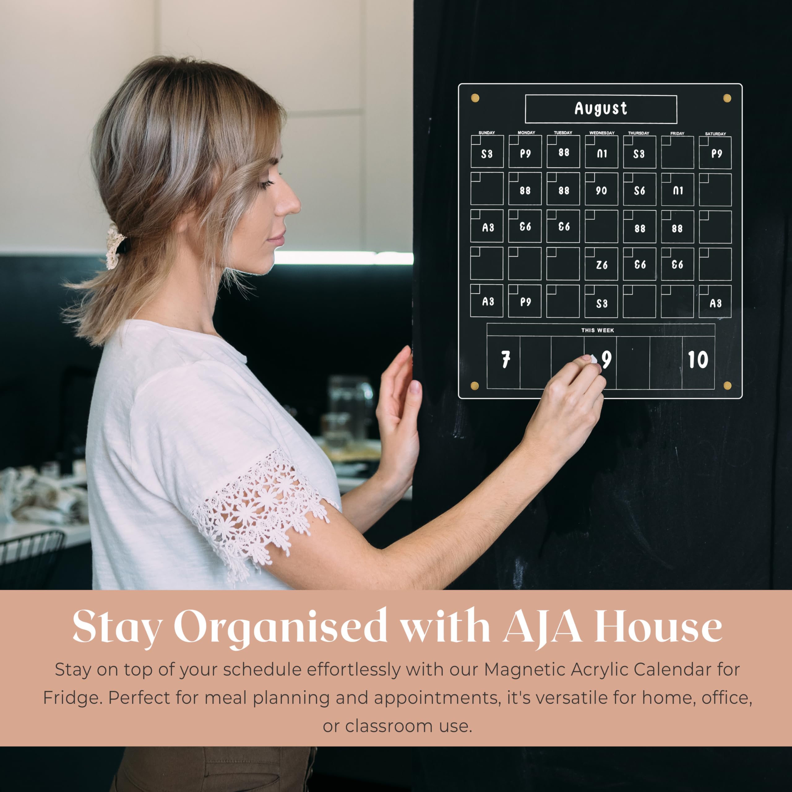 AJA House Acrylic Magnetic Fridge Calendar - Clear Refrigerator Dry Erase Board Calendar | Magnetic Monthly Grid And Weekly Planner Section | 15’’x17’’ Vertical Fridge Calendar | Gold Magnets