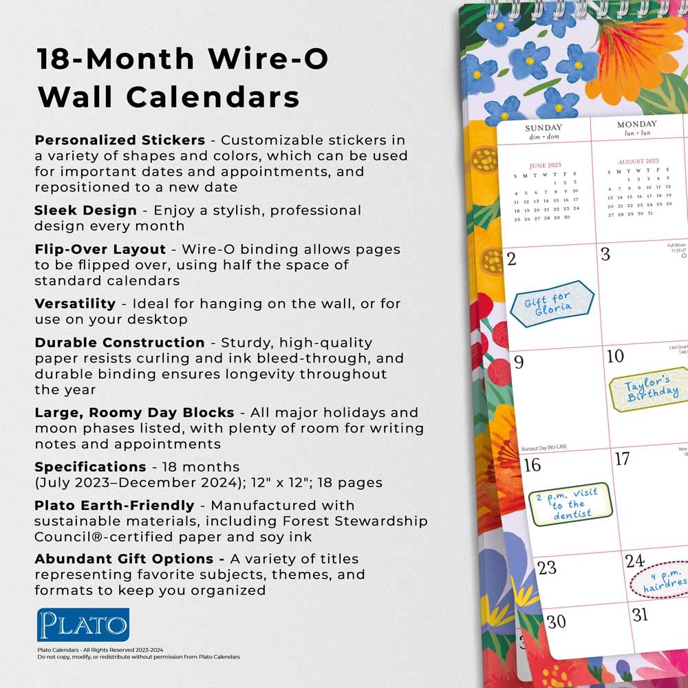 Bonnie Marcus | 2024 12 x 12 Inch 18 Months Monthly Square Wire-O Calendar | Sticker Sheet | July 2023 - December 2024 | Plato | Fashion Designer Stationery