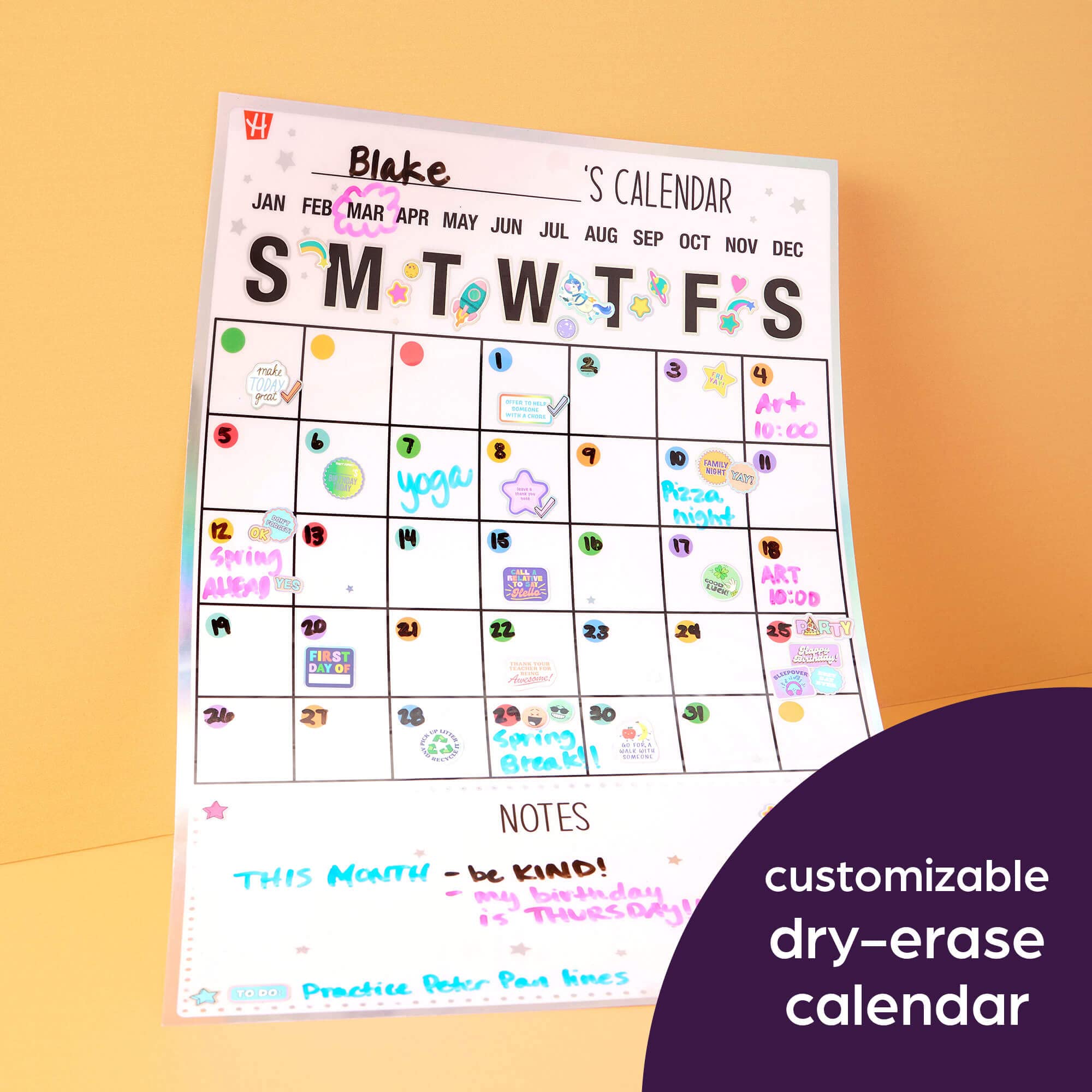 Highlights Kindness Dry-Erase Calendar for Kids, Includes 1300+ Reusable Stickers, Customizable Wall Calendar Promotes Self-Expression and Organization, Ages 6+