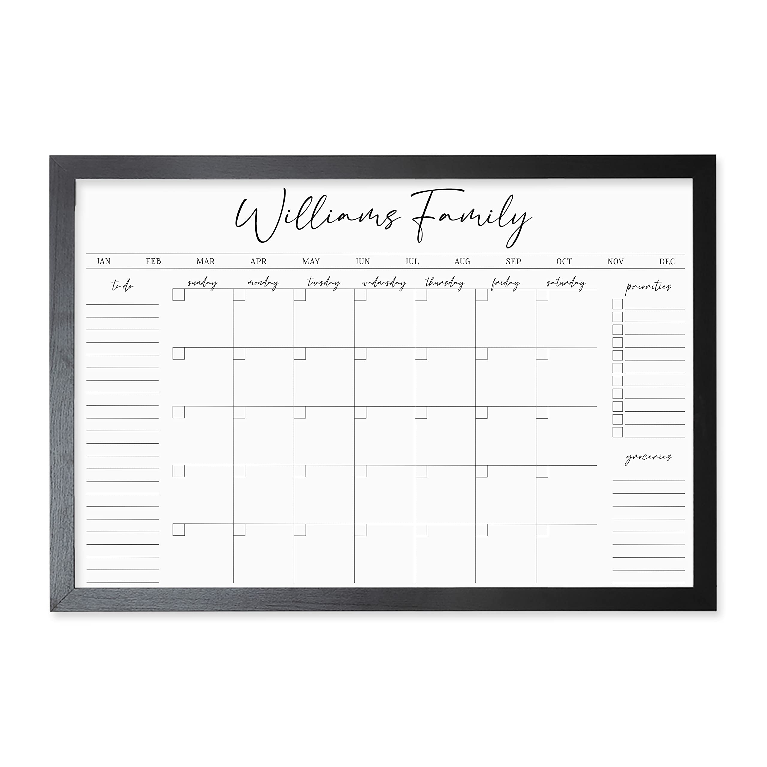 Personalized Dry Erase Wall Calendar with Custom To do list and Notes Organization Sections | Large Whiteboard Calendar (36" W x 24" H, Black Frame)