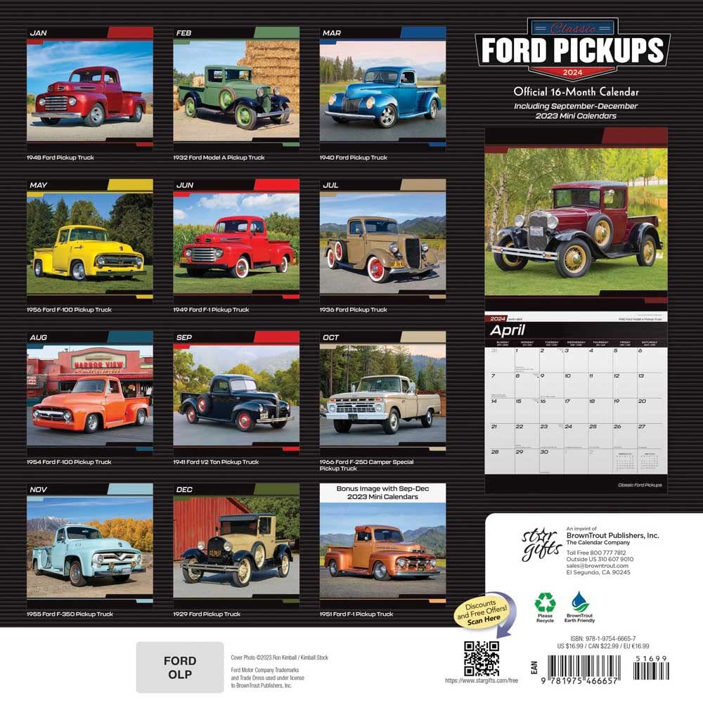 Classic Ford Pickups OFFICIAL | 2024 12 x 24 Inch Monthly Square Wall Calendar | Sticker Sheet | StarGifts | Motor Truck