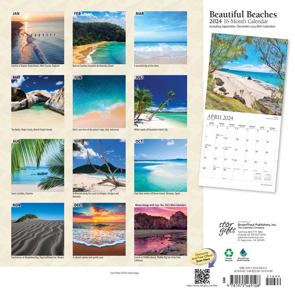 Beautiful Beaches | 2024 12 x 24 Inch Monthly Square Wall Calendar | Sticker Sheet | StarGifts | Travel Nature Tropical