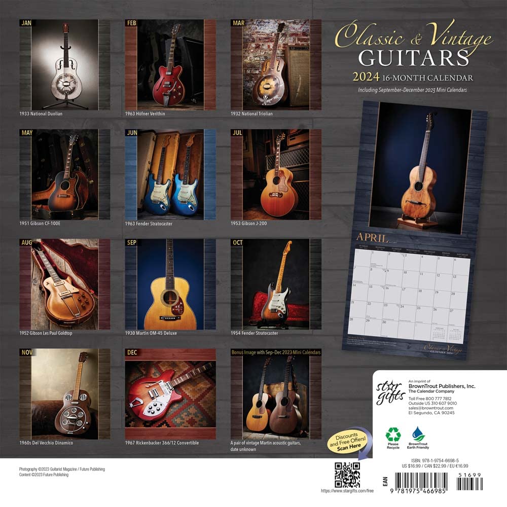 Classic & Vintage Guitars | 2024 12 x 24 Inch Monthly Square Wall Calendar | Sticker Sheet | StarGifts | Instrument Music Entertainment