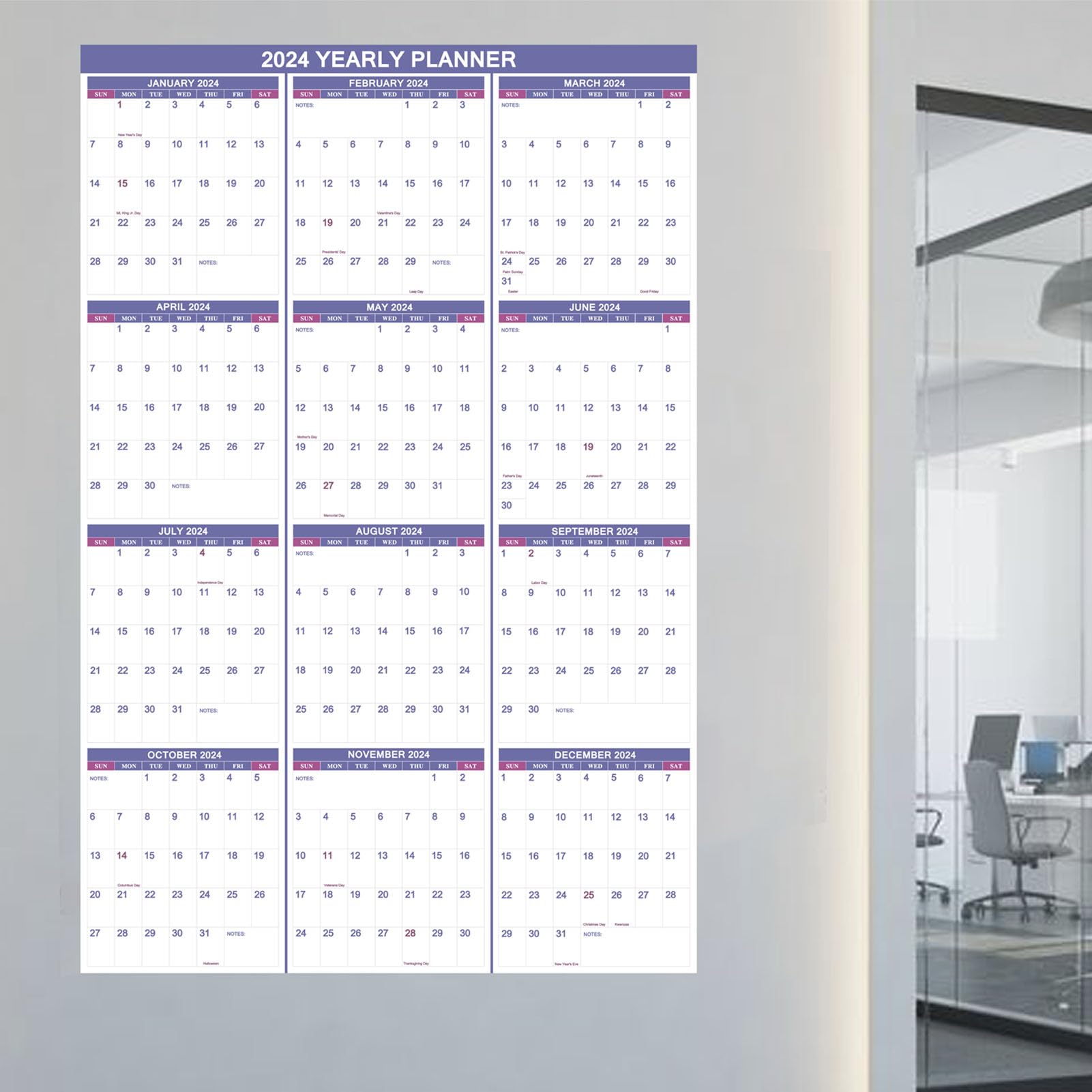 2024 Wall Calendar Erasable 32"x48" Wet & Dry Erase Laminated 12 Month Annual Yearly Wall Calendar,2-Sided Vertical/Horizontal, Reversible,Erasable & Reusable Calendar for Home Office School (Purple)