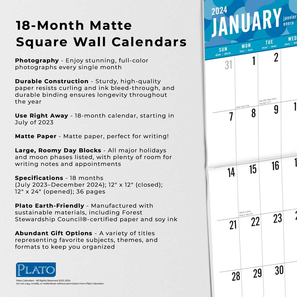 Large Print | 2024 12 x 24 Inch 18 Months Monthly Square Wall Calendar | July 2023 - December 2024 | Matte Paper | Plato | Easy to See Large Font