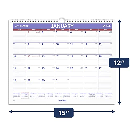 AT-A-GLANCE 2024 Wall Calendar, 15" x 12", Medium Wide, Spiral Bound, Monthly (PM82824)