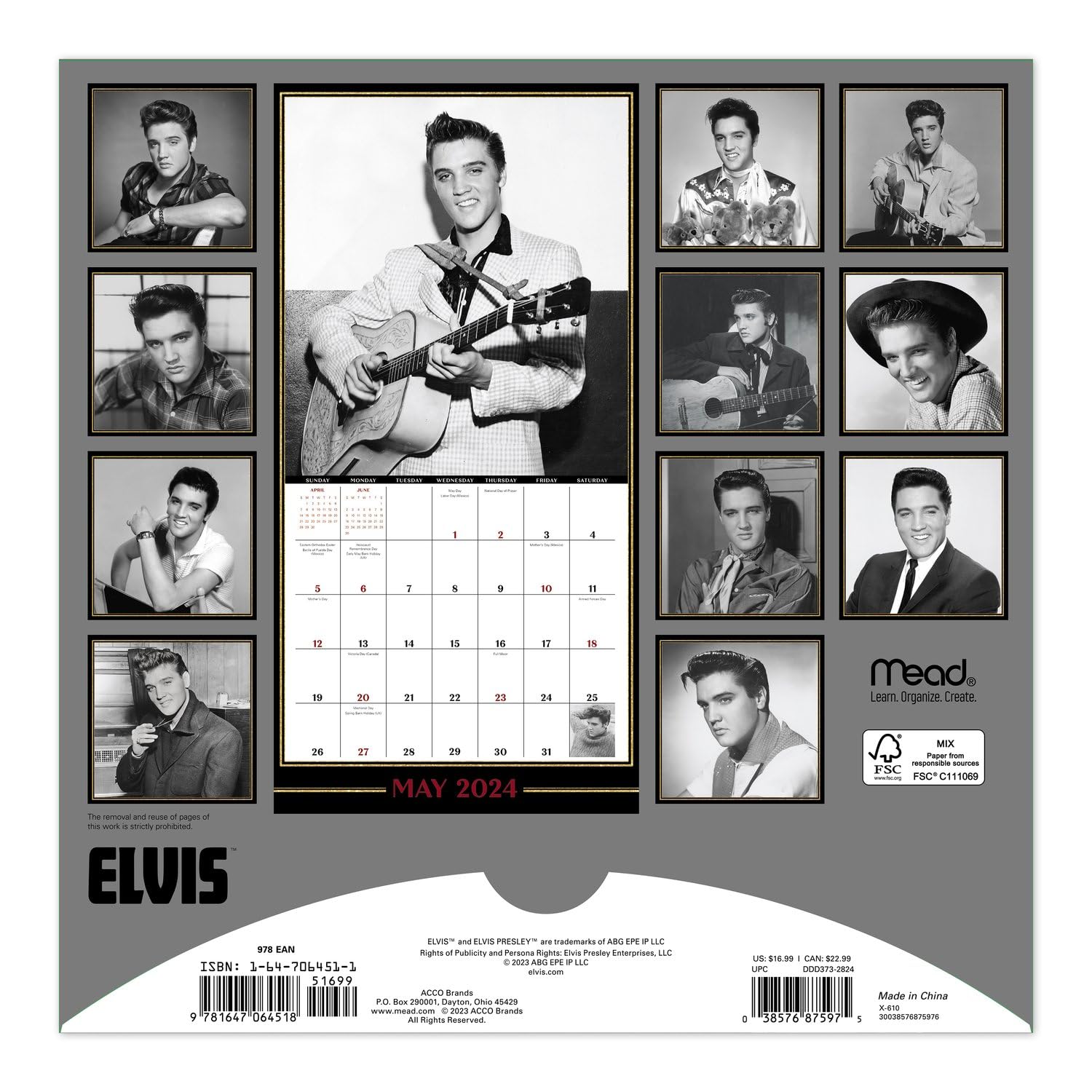 2024 Elvis Presley Monthly Wall Calendar, 16 Months, 12" x 12" (DDD3732824)