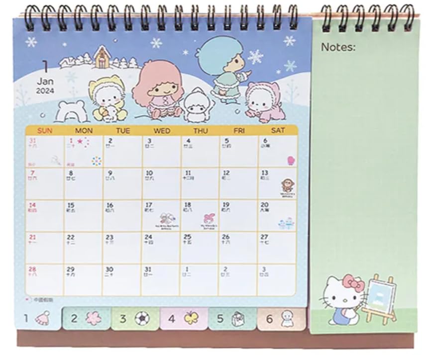 2024 Kawaii Kitty Cat & Friends Mix Characters Monthly Yearly Desktop Calendar