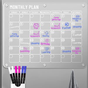 ptspdp monthly acrylic magnetic calendar for fridge, 16"x12" clear magnetic fridge calendar dry erase board for fridge & wall includes 6 markers and 1 rag