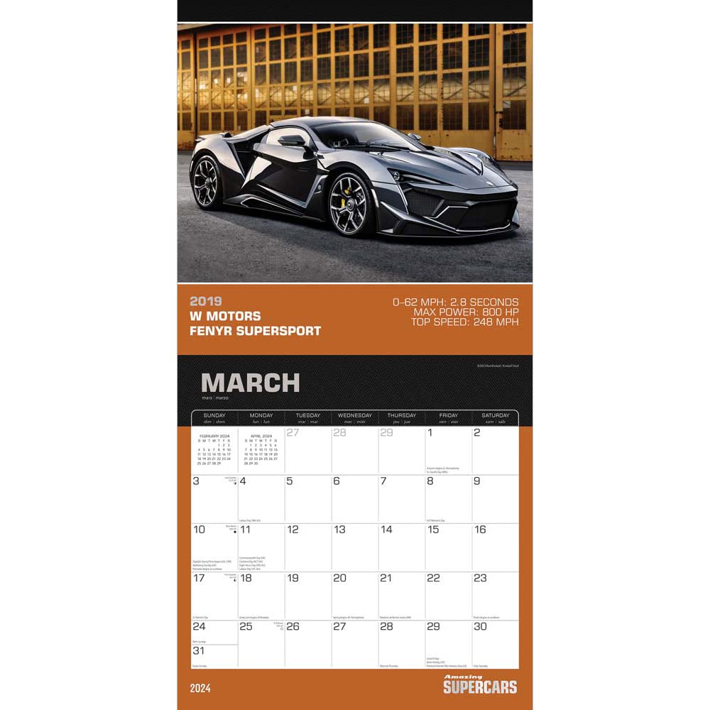 Amazing Supercars | 2024 12 x 24 Inch Monthly Square Wall Calendar | Sticker Sheet | StarGifts | Automobiles Luxury Prestige Hypercars