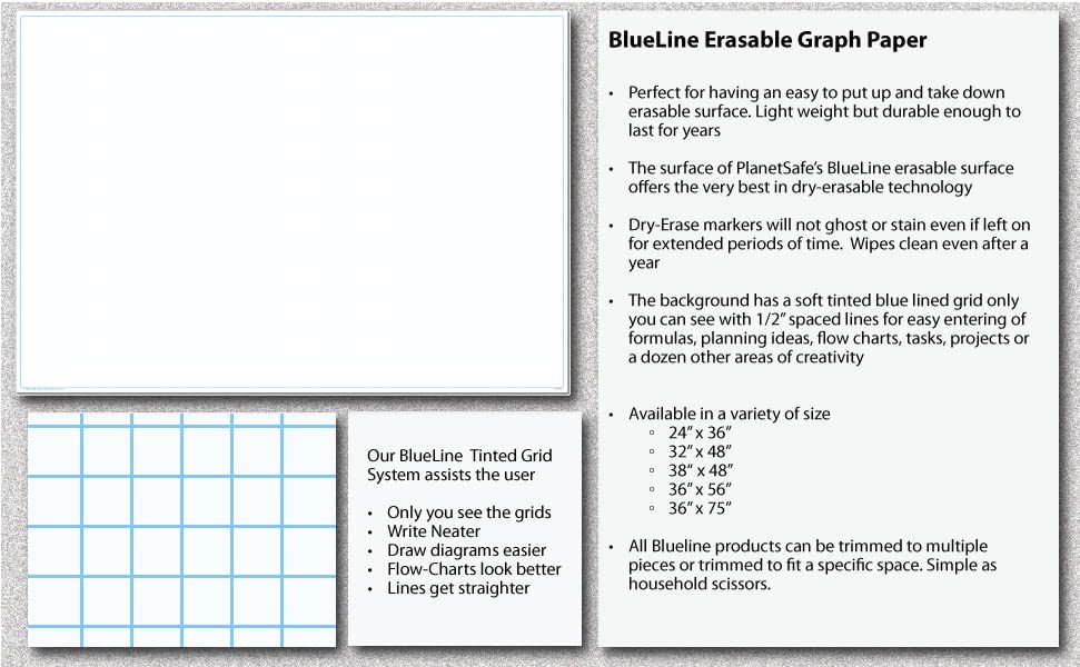 PlanetSafe's Blueline Dry-Erasable Rollable Posters - Non-Ghosting/Non-Staining - Printed 1/2" Tinted Grid - 36" X 56"