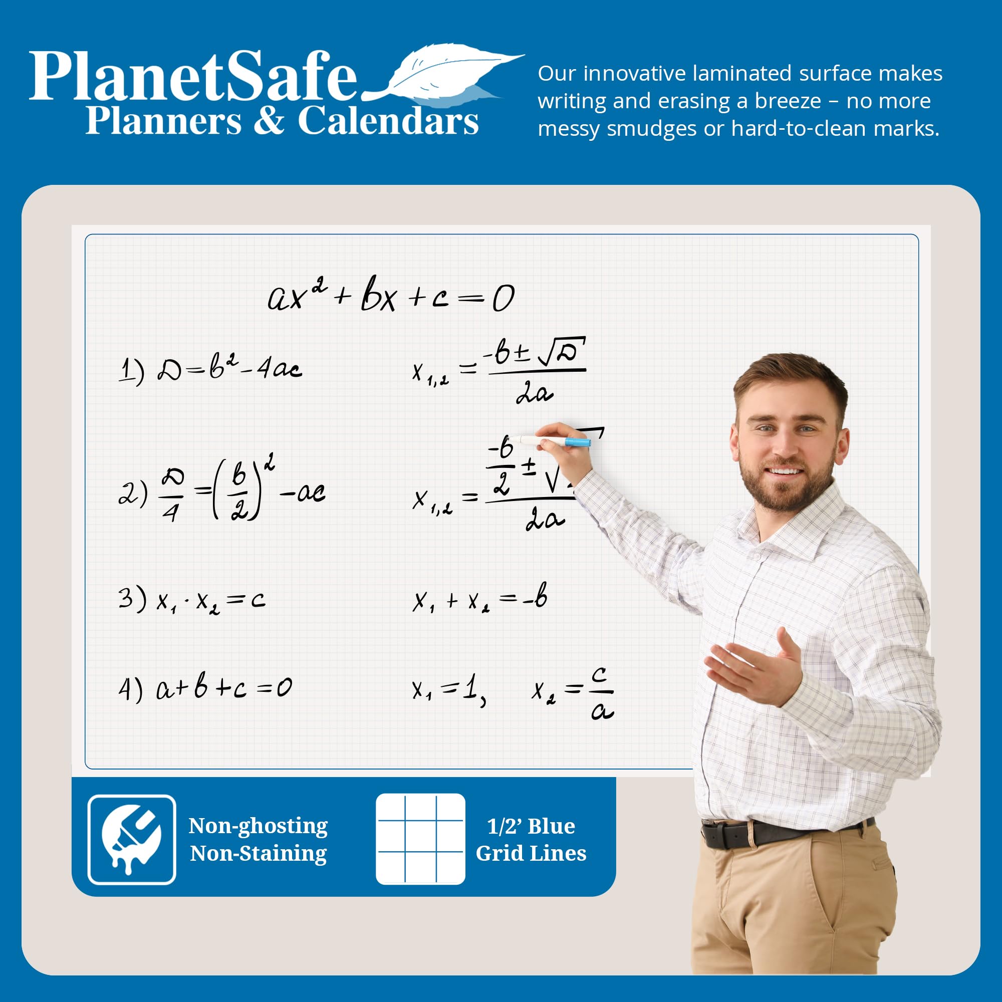 PlanetSafe's Blueline Dry-Erasable Rollable Posters - Non-Ghosting/Non-Staining - Printed 1/2" Tinted Grid - 36" X 56"