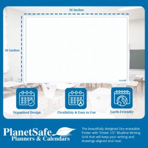 PlanetSafe's Blueline Dry-Erasable Rollable Posters - Non-Ghosting/Non-Staining - Printed 1/2" Tinted Grid - 36" X 56"