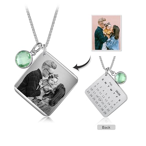 Personalized Photo Necklace with Calendar Engraving Anniversary Gift Real Photo Engraving Pendant Boho Hippie Customized Picture Pendant Necklace for Father,Husband,Boyfriend,Sister,Mom,Wife,ETC.