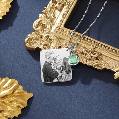 Personalized Photo Necklace with Calendar Engraving Anniversary Gift Real Photo Engraving Pendant Boho Hippie Customized Picture Pendant Necklace for Father,Husband,Boyfriend,Sister,Mom,Wife,ETC.