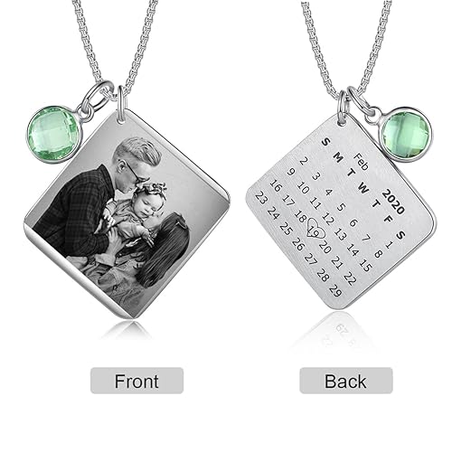 Personalized Photo Necklace with Calendar Engraving Anniversary Gift Real Photo Engraving Pendant Boho Hippie Customized Picture Pendant Necklace for Father,Husband,Boyfriend,Sister,Mom,Wife,ETC.