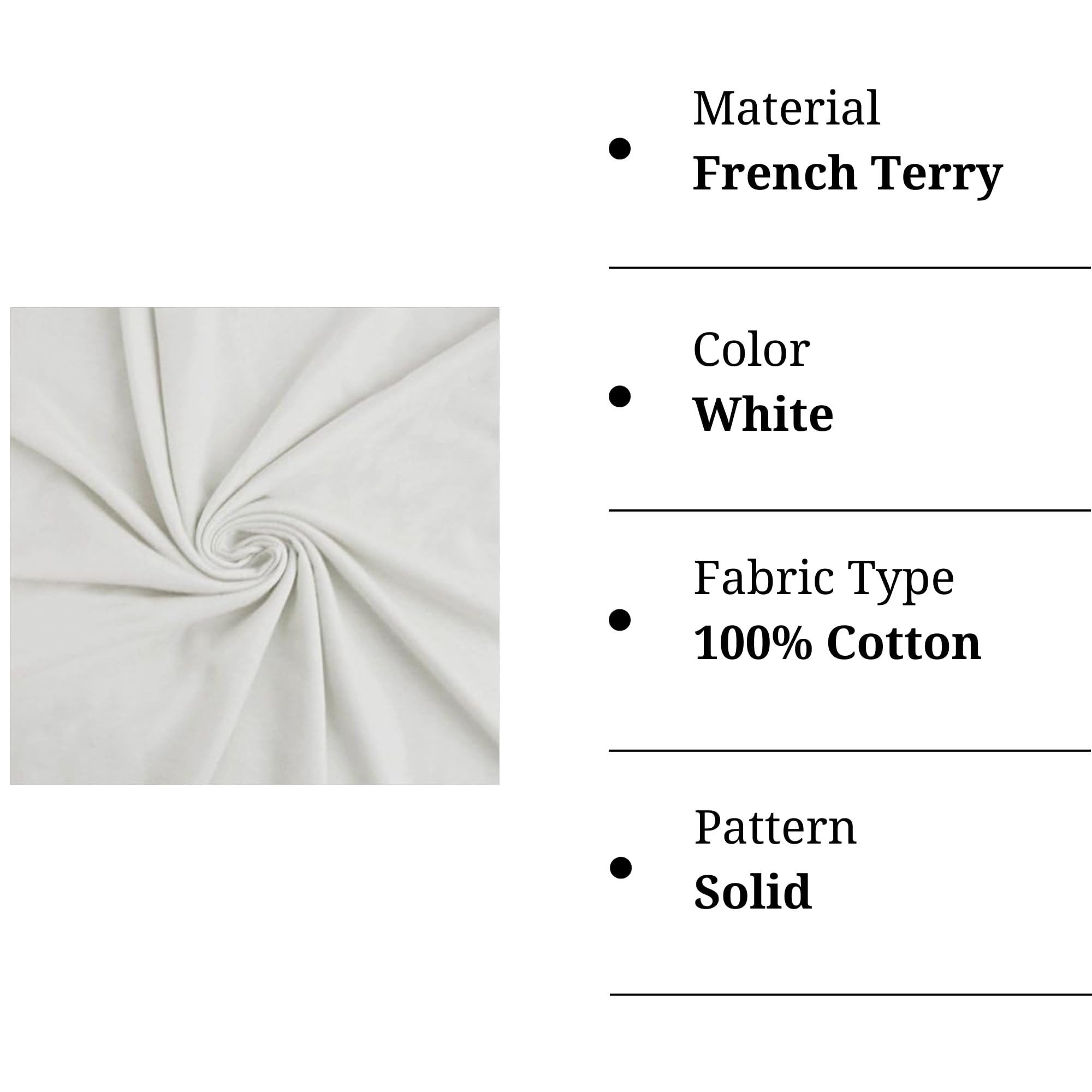 FabricLA French Terry Knit Fabric - 100% Cotton French Fabric by The Yard - Made in USA - White, 1 Yard