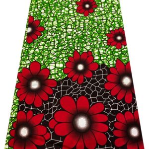 Red, Apple-Green, White, Black-Flower Design-African Wax Print Fabrics- Sell for 6 Yards- 100% Cotton- for Dresses