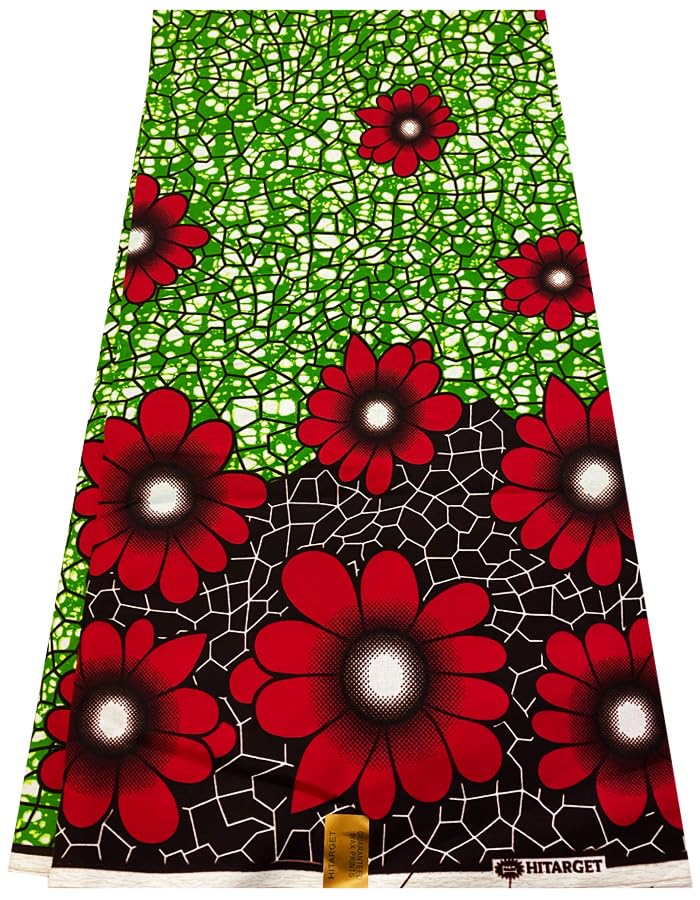 Red, Apple-Green, White, Black-Flower Design-African Wax Print Fabrics- Sell for 6 Yards- 100% Cotton- for Dresses