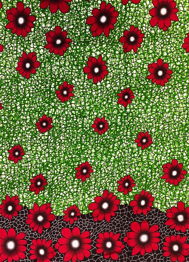 Red, Apple-Green, White, Black-Flower Design-African Wax Print Fabrics- Sell for 6 Yards- 100% Cotton- for Dresses